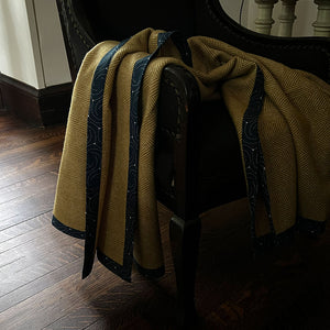 English Wool Chevron Throw Blanket with Contrast Cotton Border: Golden Saffron Yellow