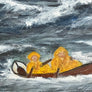 Nautical Scene with Sailboat & Two Figures in a Dinghy - Original Painting on Board in Frame