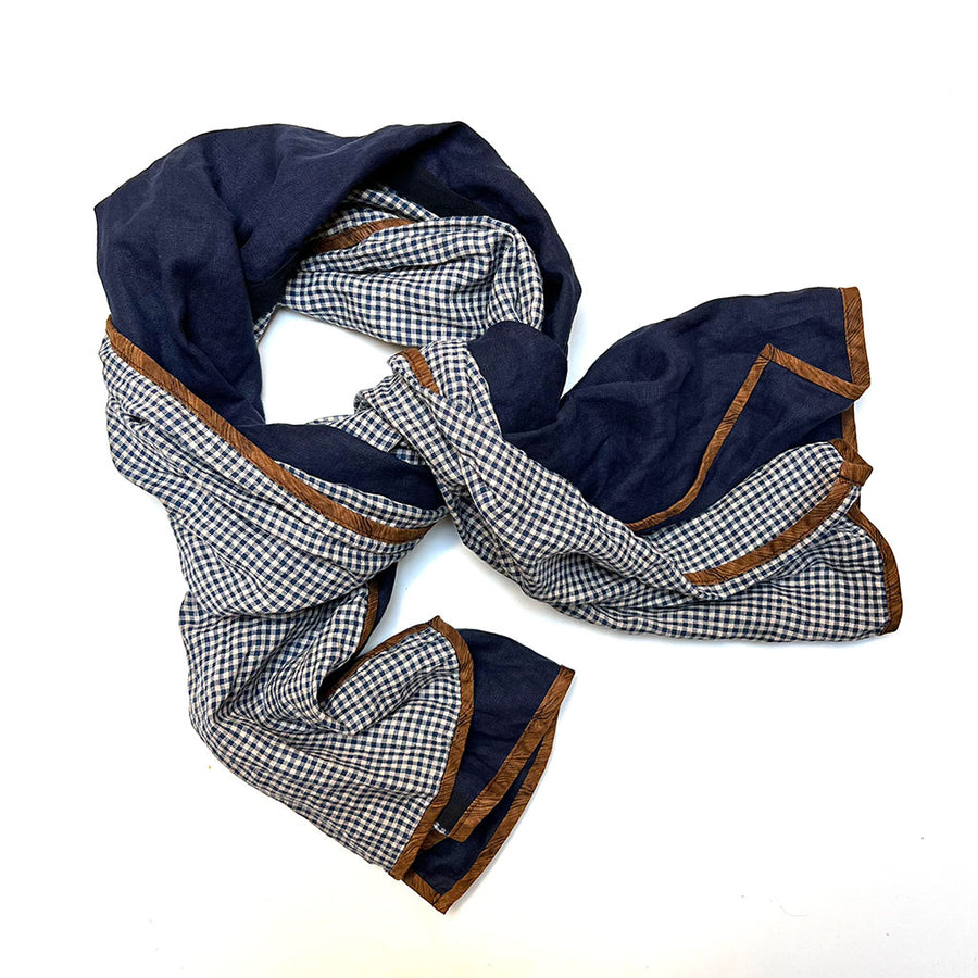 PATCH NYC Navy Blue with Navy Gingham Check Mixed Fabric Scarf