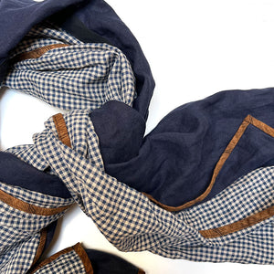 PATCH NYC Navy Blue with Navy Gingham Check Mixed Fabric Scarf