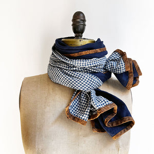 PATCH NYC Navy Blue with Navy Gingham Check Mixed Fabric Scarf