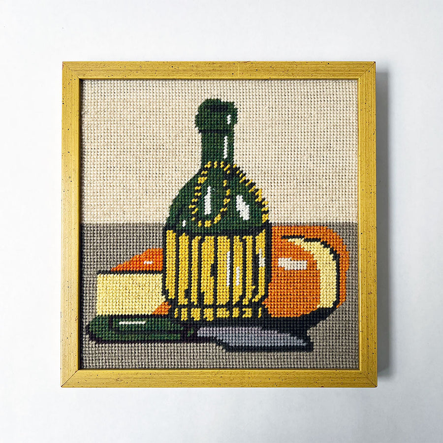Vintage Original Still Life with Wine Bottle and Cheese Needlework in Wood Frame