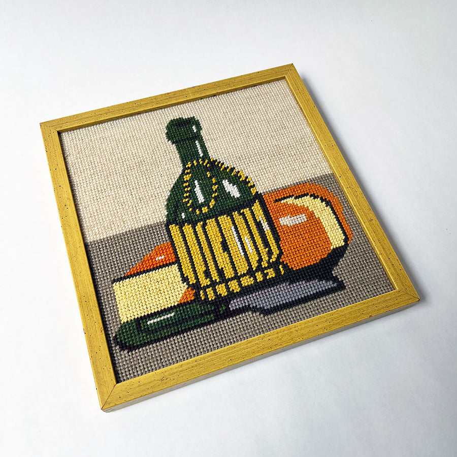 Vintage Original Still Life with Wine Bottle and Cheese Needlework in Wood Frame