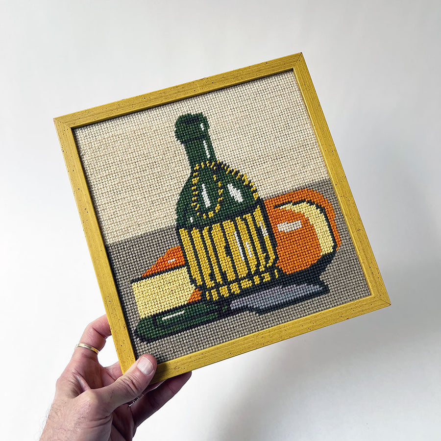 Vintage Original Still Life with Wine Bottle and Cheese Needlework in Wood Frame