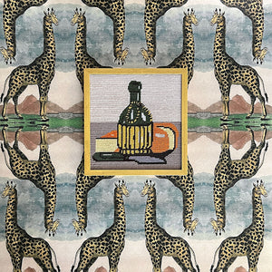 Vintage Original Still Life with Wine Bottle and Cheese Needlework in Wood Frame