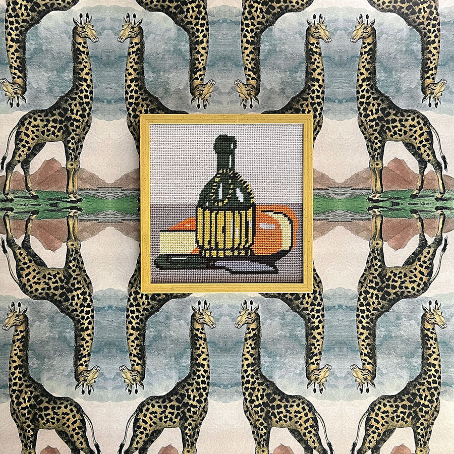 Vintage Original Still Life with Wine Bottle and Cheese Needlework in Wood Frame