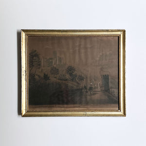 Vintage Night Scene with a Castle Original Charcoal Drawing on Paper in Gold Tone Frame