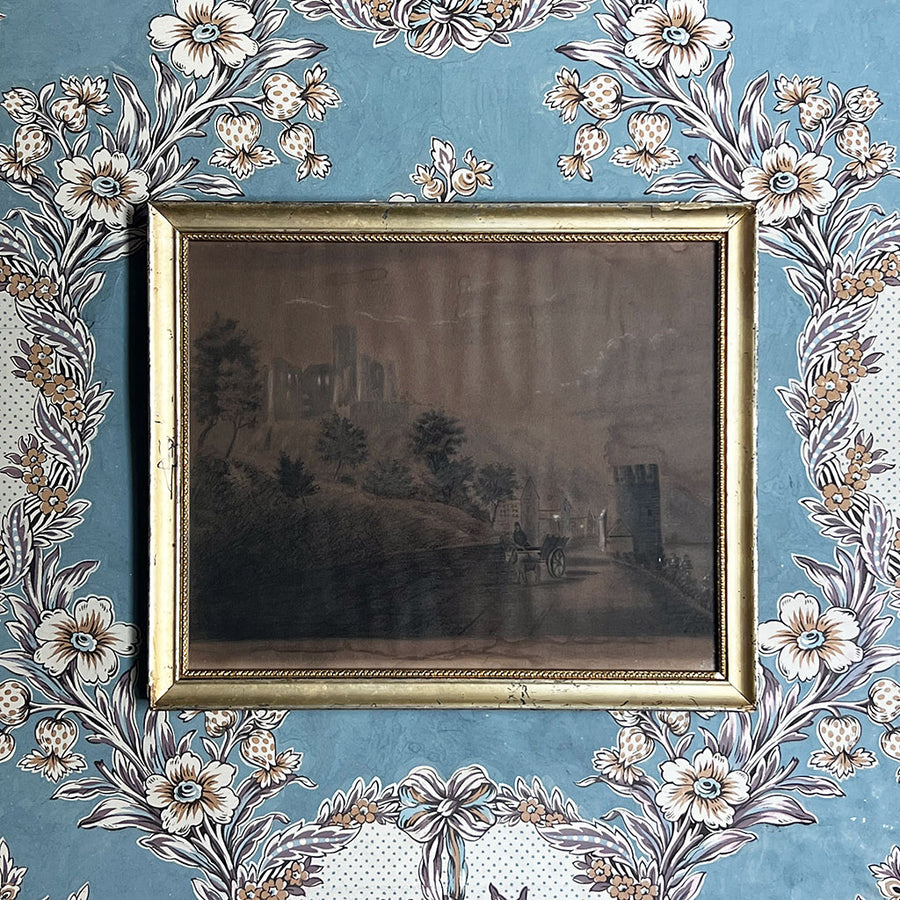 Vintage Night Scene with a Castle Original Charcoal Drawing on Paper in Gold Tone Frame