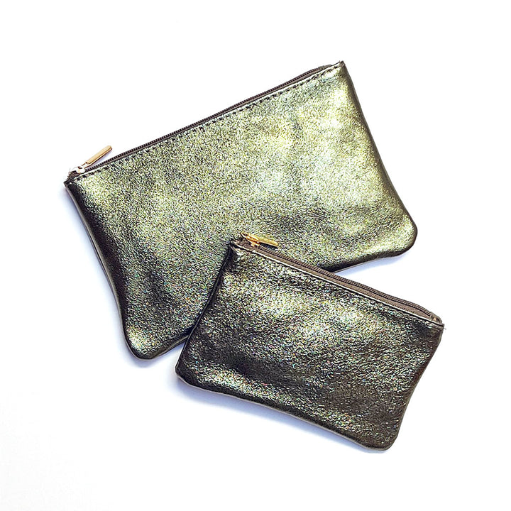 Olive Green Metallic Leather Pouch