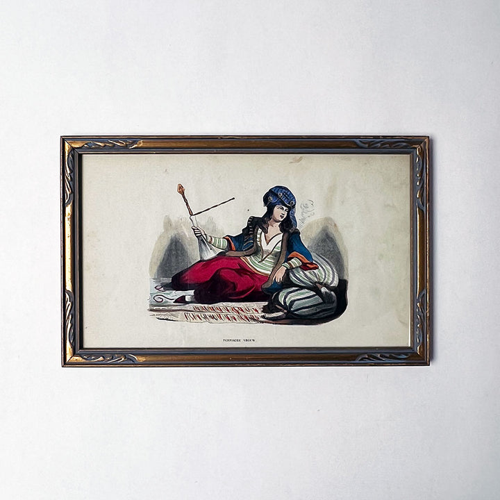 Persian Woman in Repose Original Hand-Colored Dutch Engraving in Vintage Frame