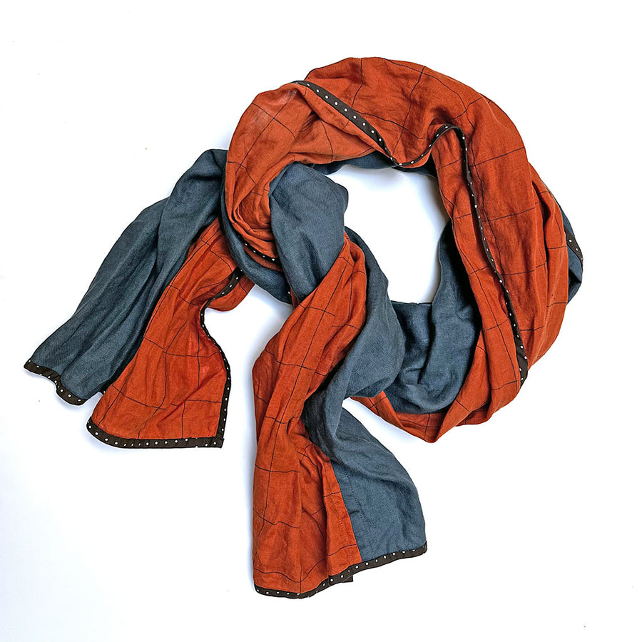 PATCH NYC Slate Blue with Deep Orange Windowpane Check Mixed Fabric Scarf