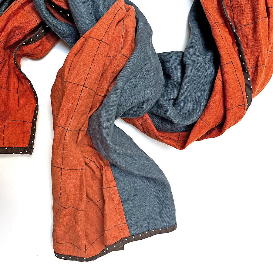 PATCH NYC Slate Blue with Deep Orange Windowpane Check Mixed Fabric Scarf