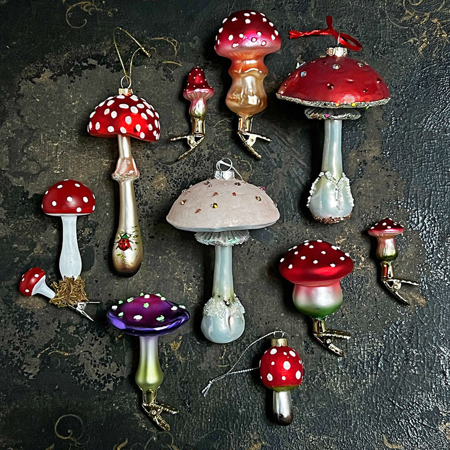 Double Red Cap Mushroom Clip Glass Ornament