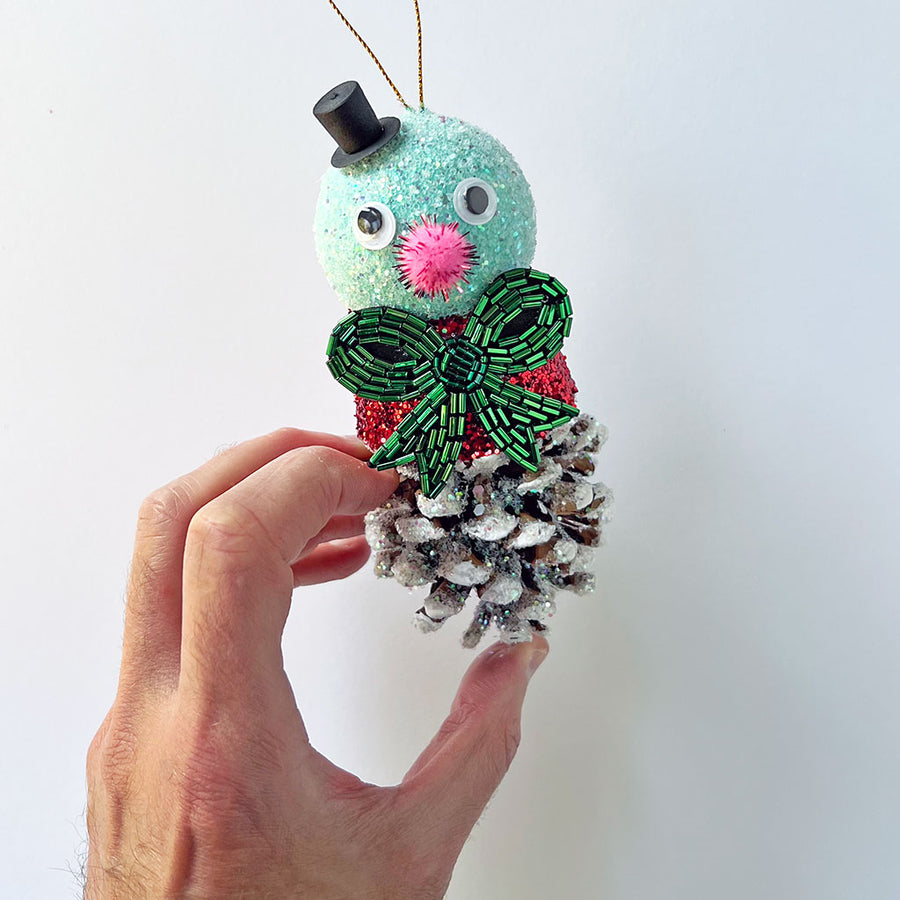 PATCH NYC Pinecone Snowman with a Green Bow  Ornament