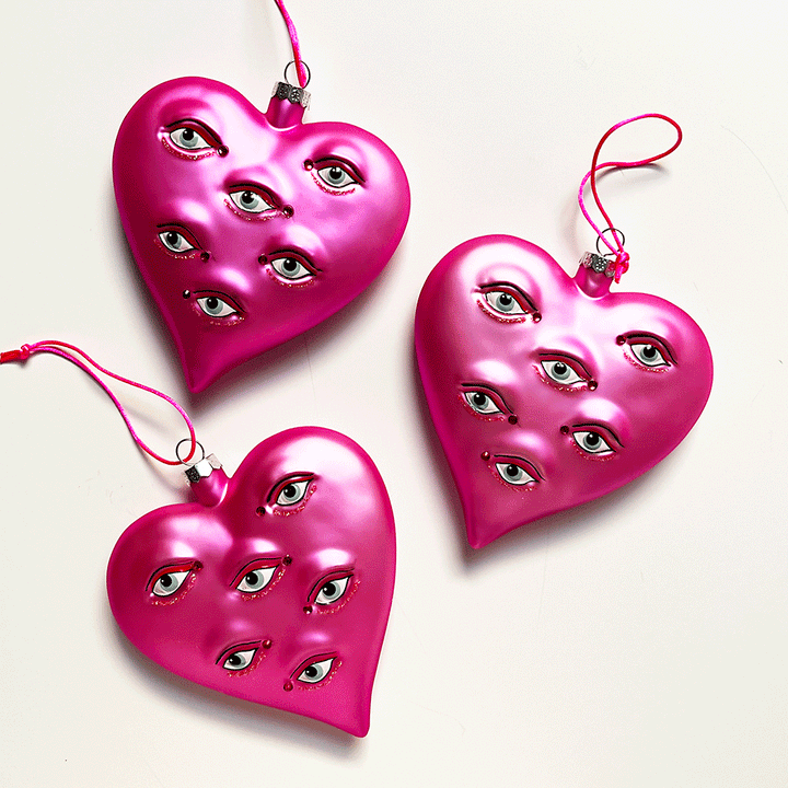 Surreal Pink Heart with Eyes Glass Ornament