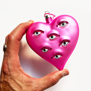 Surreal Pink Heart with Eyes Glass Ornament