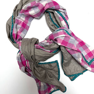 Pink Large Check & Warm Grey Wide Scarf