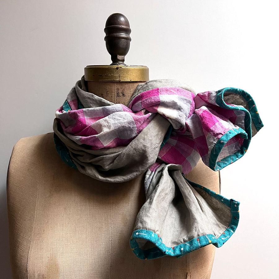 Pink Large Check & Warm Grey Wide Scarf