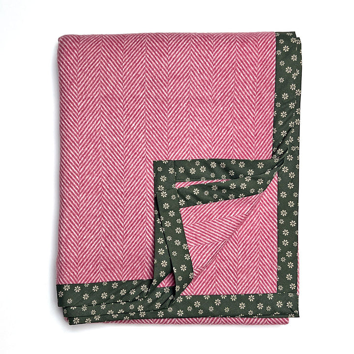 English Wool Chevron Throw Blanket with Contrast Cotton Border: Carnation Pink