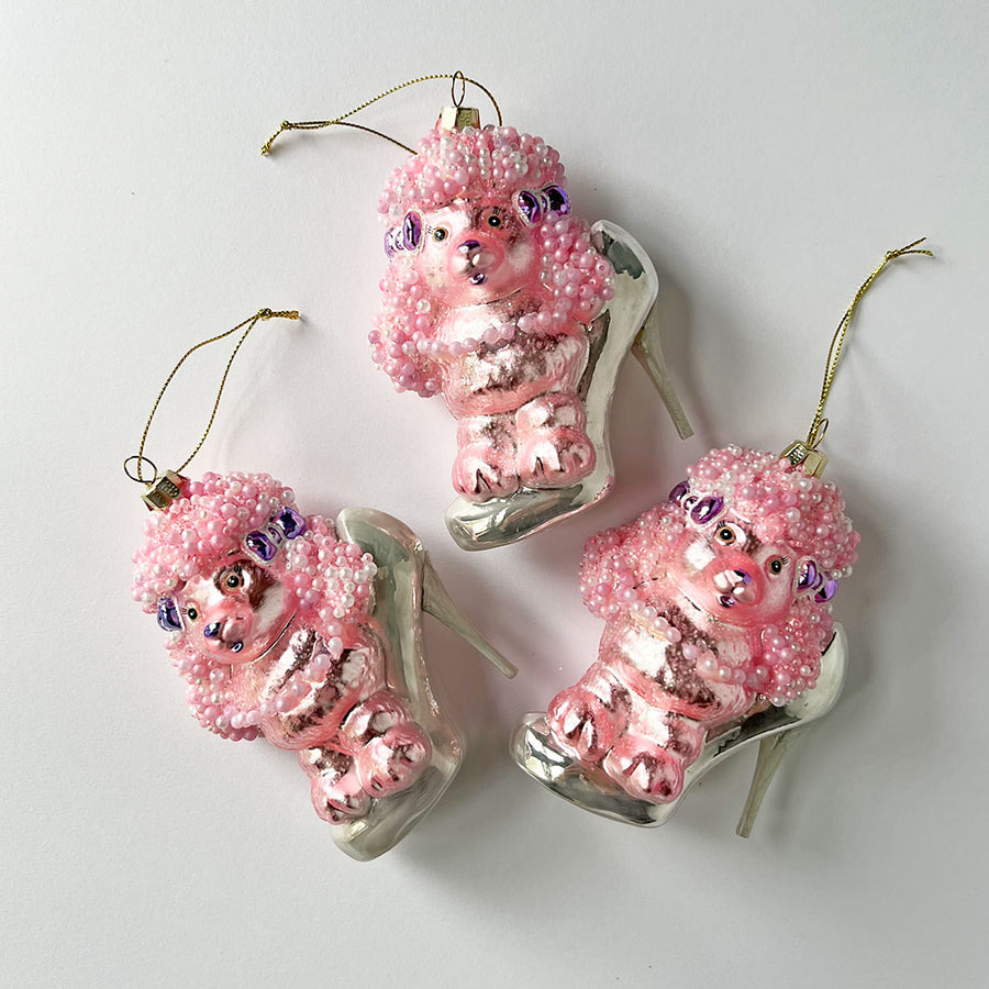Pink Poodle in a Silver Shoe Glass Ornament