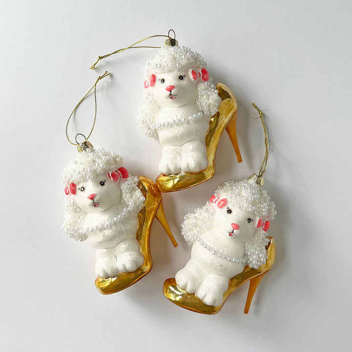 White Poodle in a Gold Shoe Glass Ornament