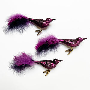 Sparkle Purple Bird with Feather Tail Glass Clip Ornament