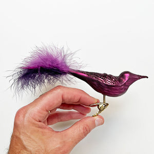 Sparkle Purple Bird with Feather Tail Glass Clip Ornament