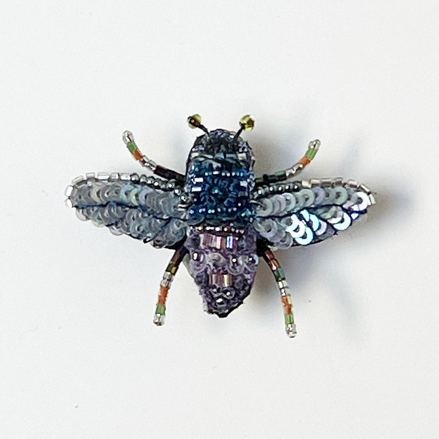 Beaded Blue & Lavender Bee Embroidered Pin