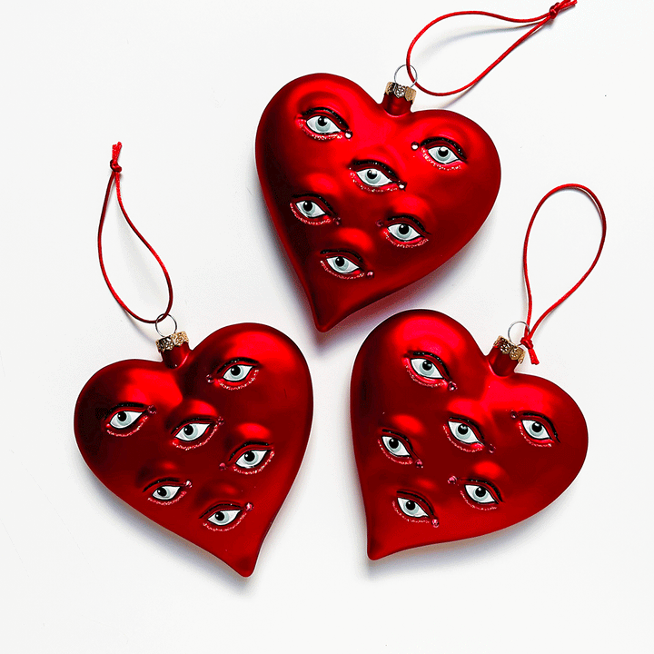 Surreal Red Heart with Eyes Glass Ornament