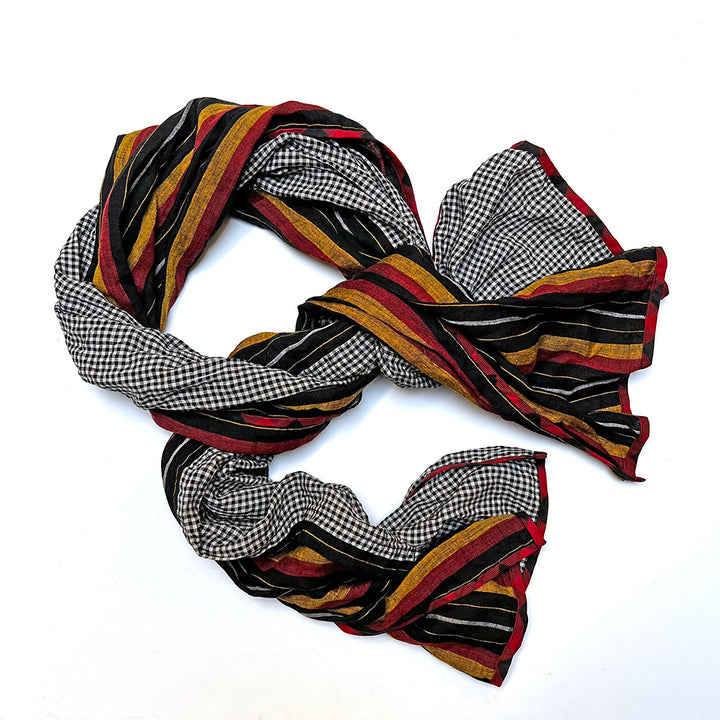 PATCH NYC Black Gingham Check with Red & Mustard Stripe Mixed Fabric Scarf