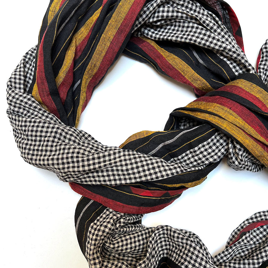PATCH NYC Red, Mustard, Black Stripe with Grey & Black Gingham Mixed Fabric Scarf