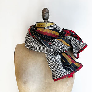 PATCH NYC Red, Mustard, Black Stripe with Grey & Black Gingham Mixed Fabric Scarf