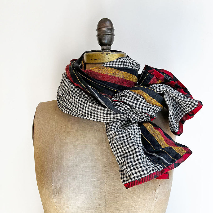 PATCH NYC Black Gingham Check with Red & Mustard Stripe Mixed Fabric Scarf