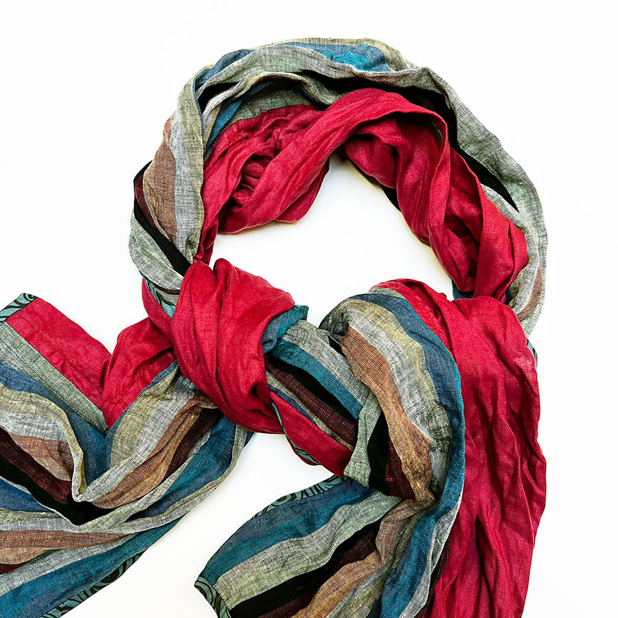 Mixed Color Stripe & Dark Red Wide Scarf