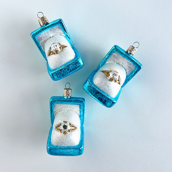 Diamond Ring in a Blue Box Glass Ornament