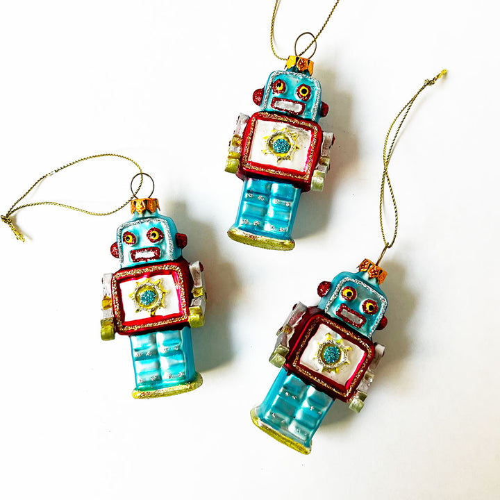 Small Robot Glass Ornament Blue