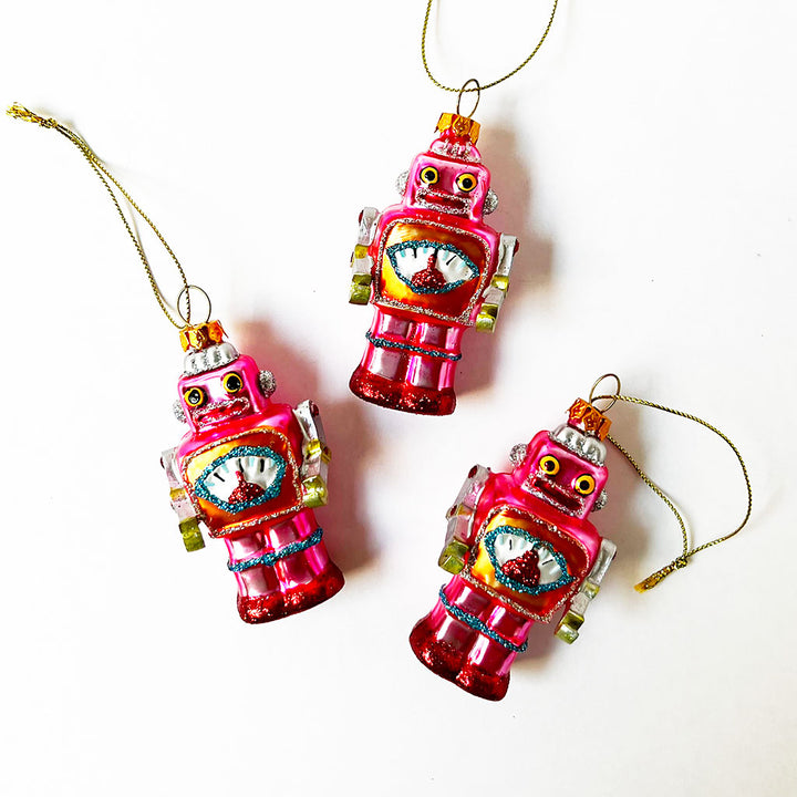 Small Robot Glass Ornament Pink