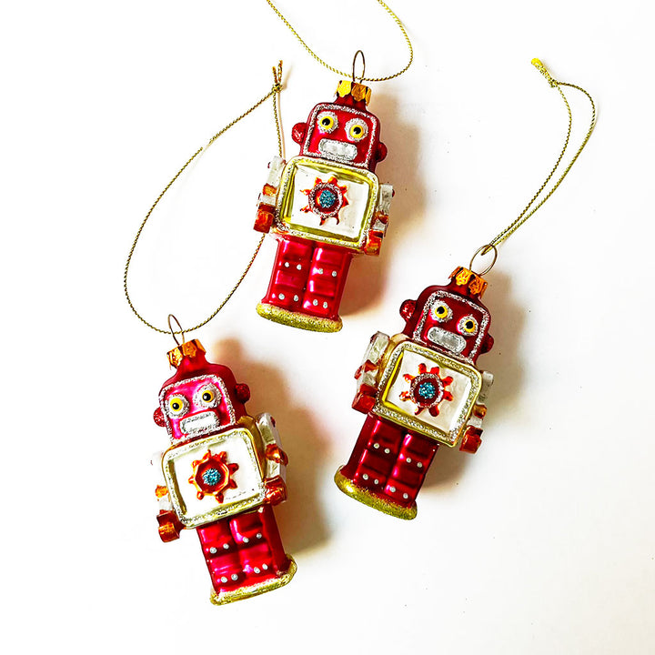 Small Robot Glass Ornament Red