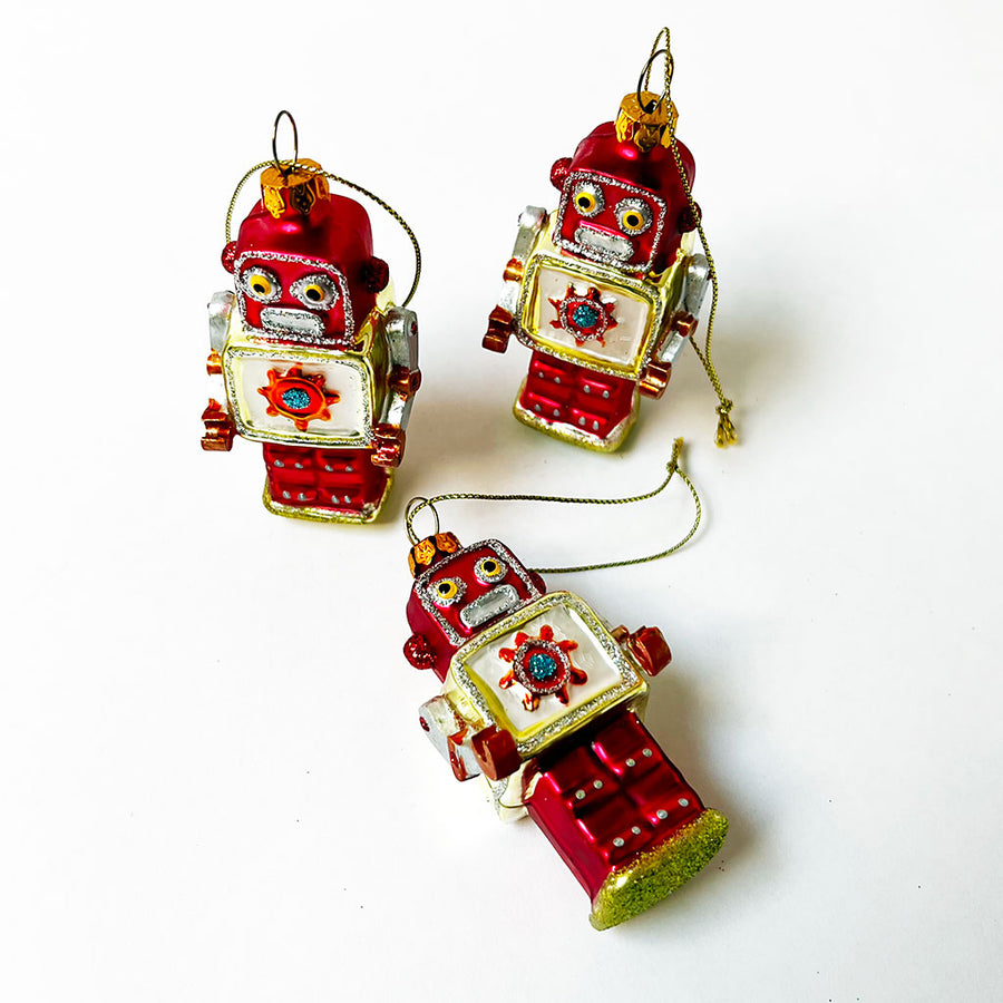 Small Robot Glass Ornament Red