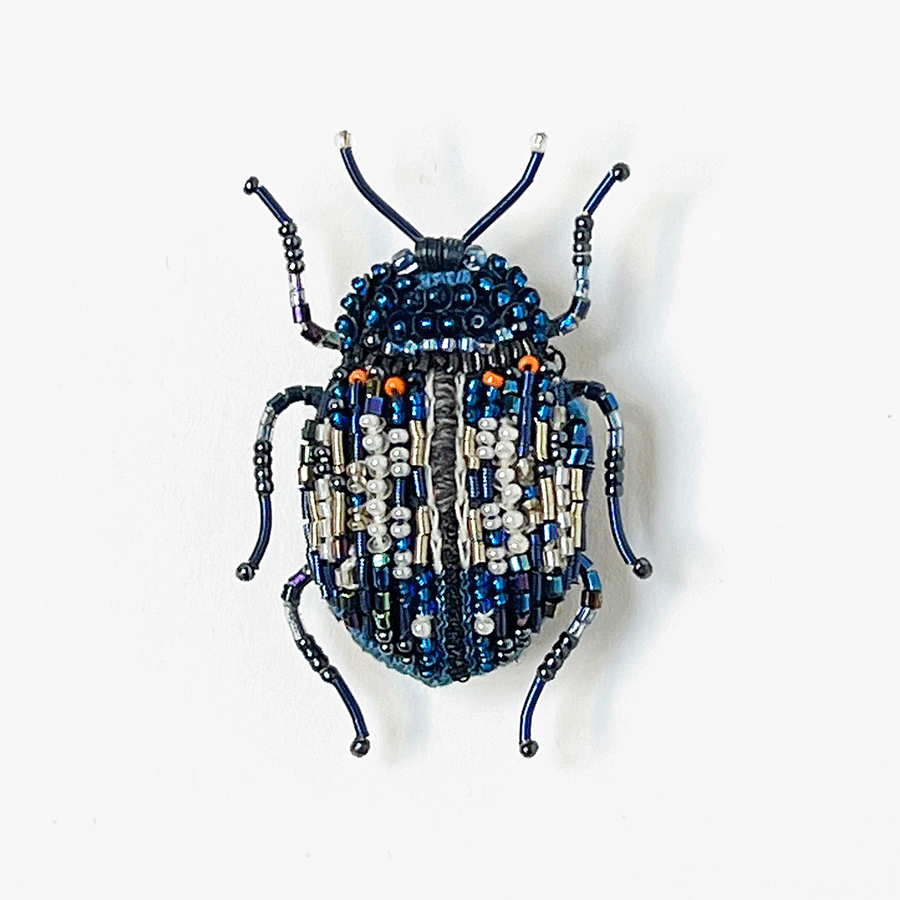 Beaded Deep Blue Beetle Embroidered Pin