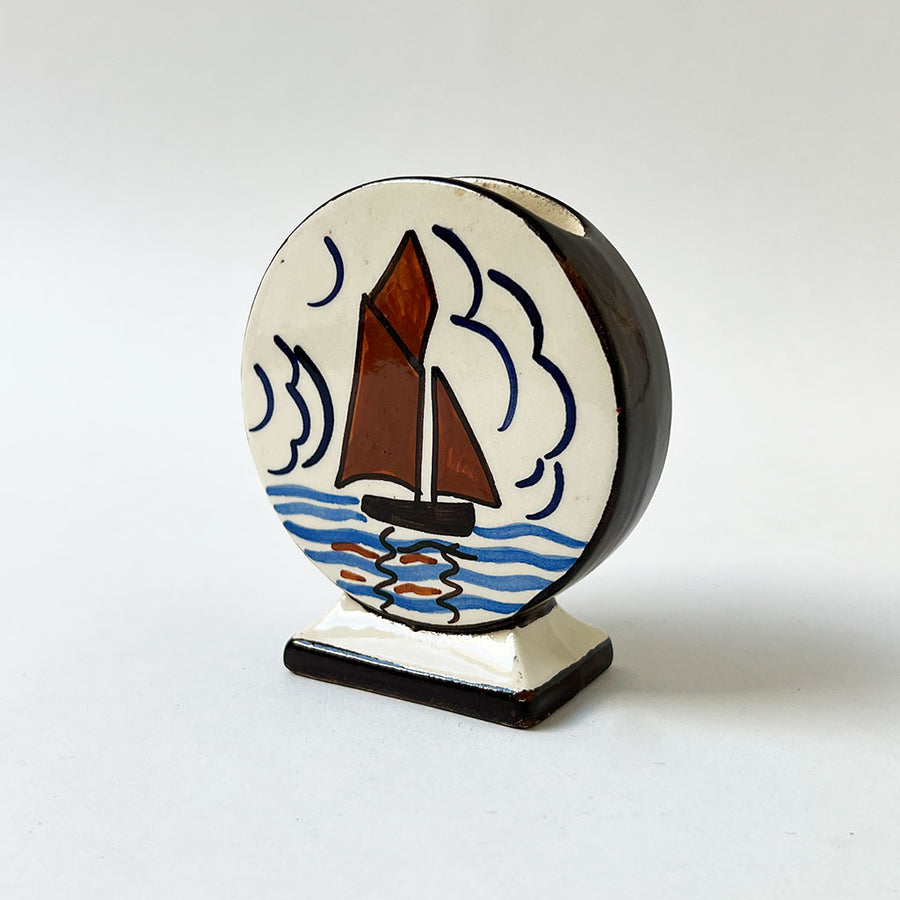 Vintage Quimper Ceramic Vase with a Boat & Man Made in France
