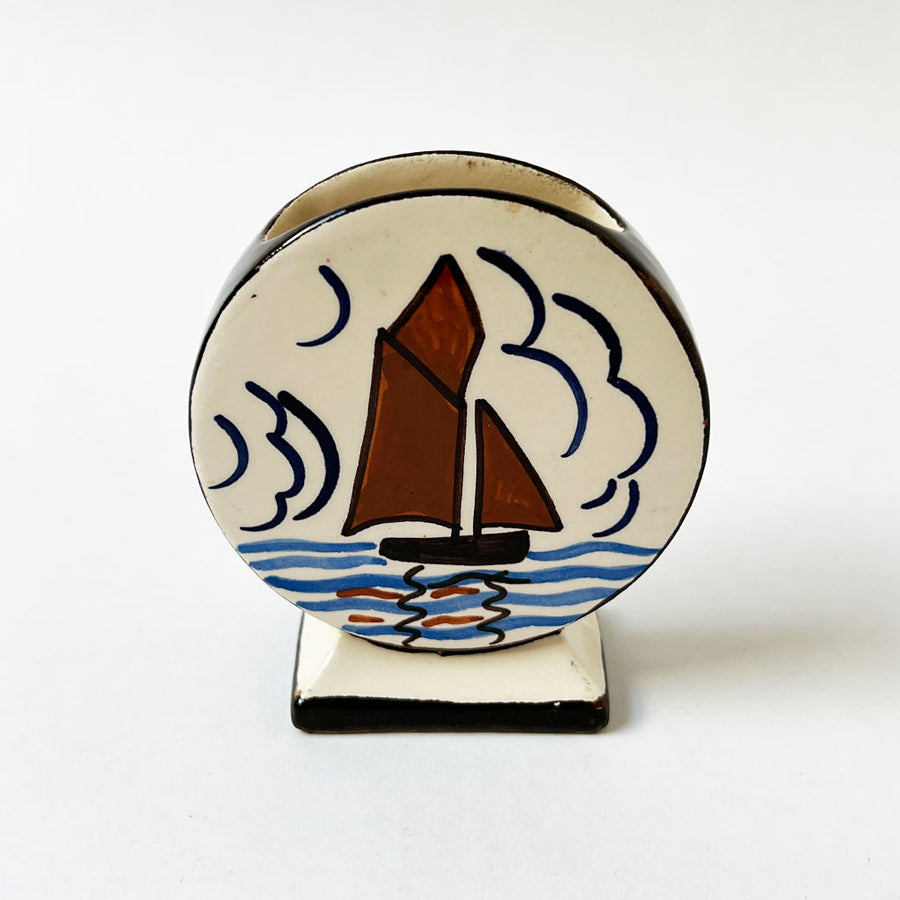 Vintage Quimper Ceramic Vase with a Boat & Man Made in France