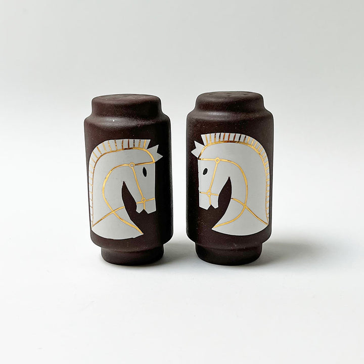 Waylande Gregory Salt & Pepper Shakers with White Horses on Matte Brown (set of 2)