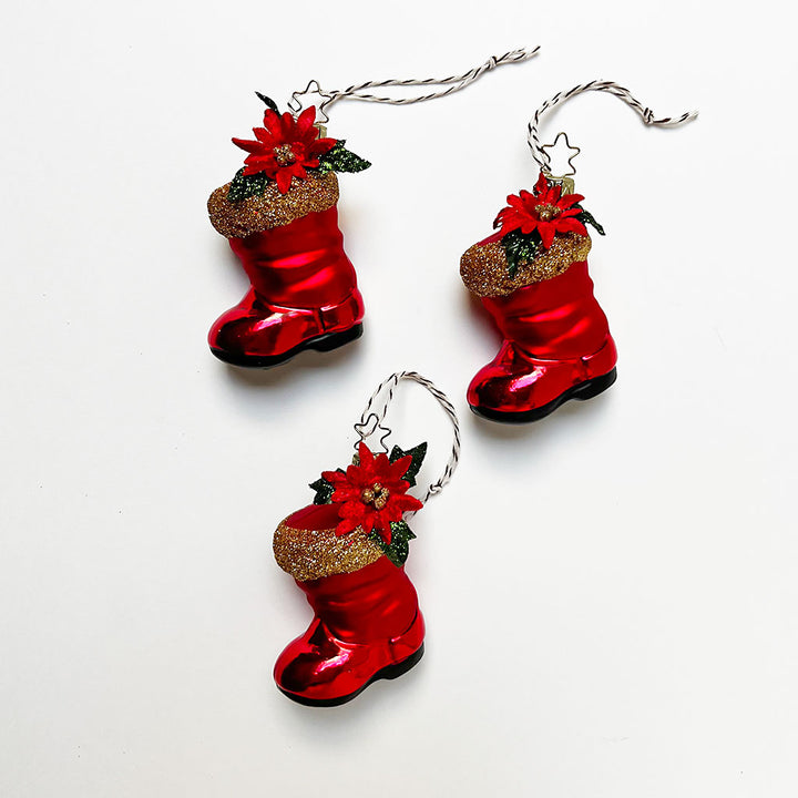 Santa Claus Boot with Poinsettia Glass Ornament