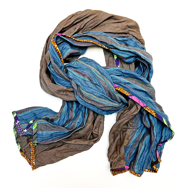 Mixed Blue Stripe & Cocoa Brown Wide Scarf