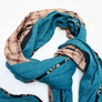 Teal & Brown, Cream, Tan Plaid Wide Linen Scarf (C)