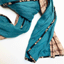 Teal & Brown, Cream, Tan Plaid Wide Linen Scarf (C)