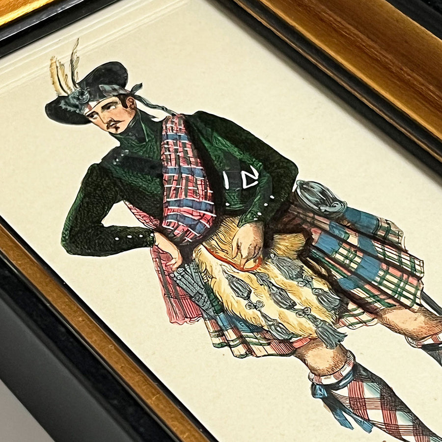 Scottish Highland Chief Original Hand-Colored German Engraving  in Vintage Frame