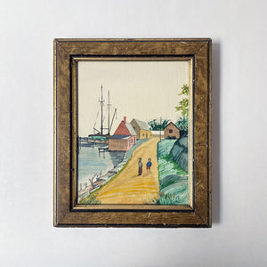 Vintage Original Seaside Scene Watercolor on Paper in Victorian Frame
