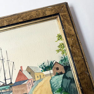 Vintage Original Seaside Scene Watercolor on Paper in Victorian Frame